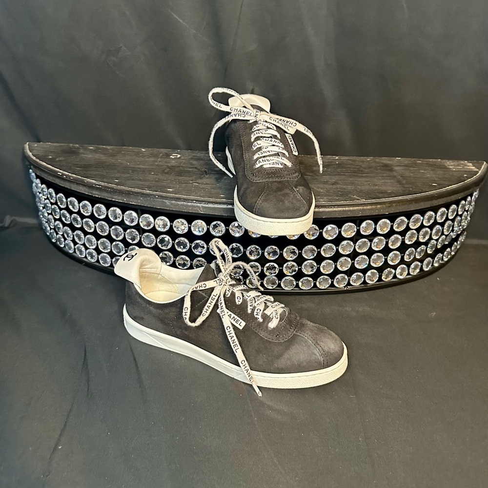 CHANEL Black Suede Sneakers with White Leather Accents - Picture 2 of 12